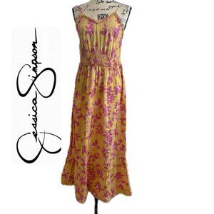 BOHO CHIC MAXI DRESS FLORAL HOT PINK YELLOW SZ L PREPPY CHIC RUFFLE V-NECK SEXY